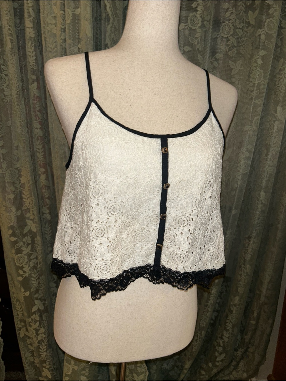 White Lace Spaghetti Crop Top with Black Trim